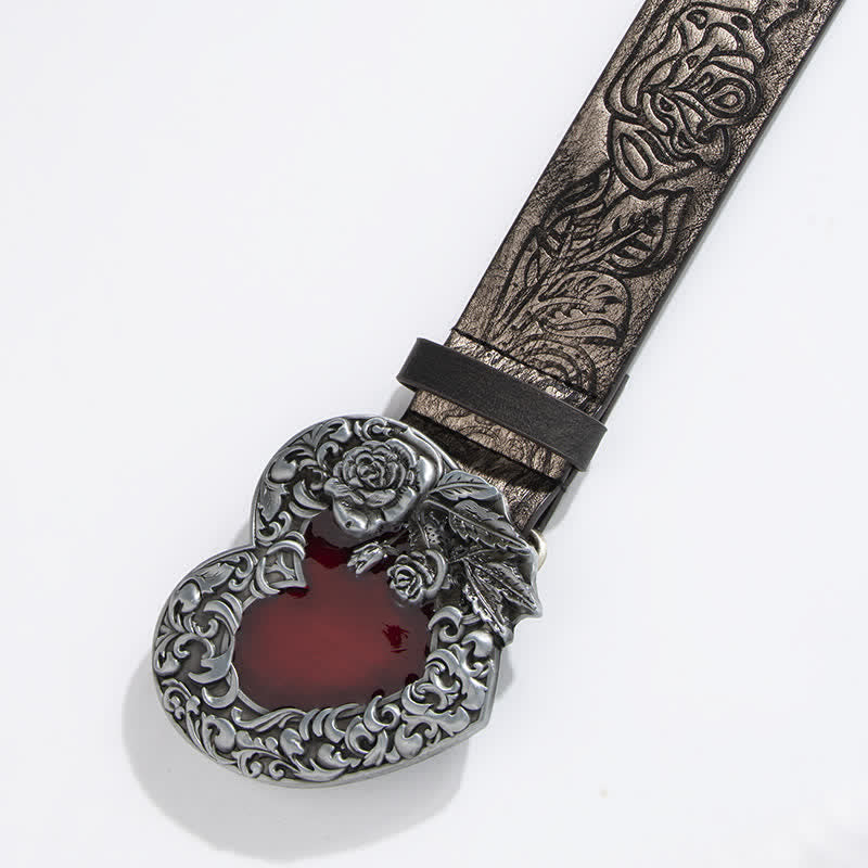 Women's Embossed Rose Red Enamel Heart Leather Belt