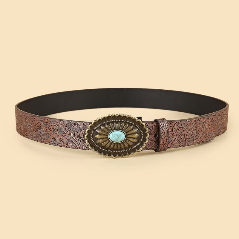 Women's Boho Turquoise Sunflower Brown Leather Belt