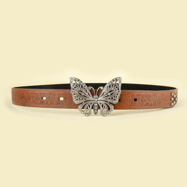 Women's Rose Embossed Rhinestone Butterfly Leather Belt