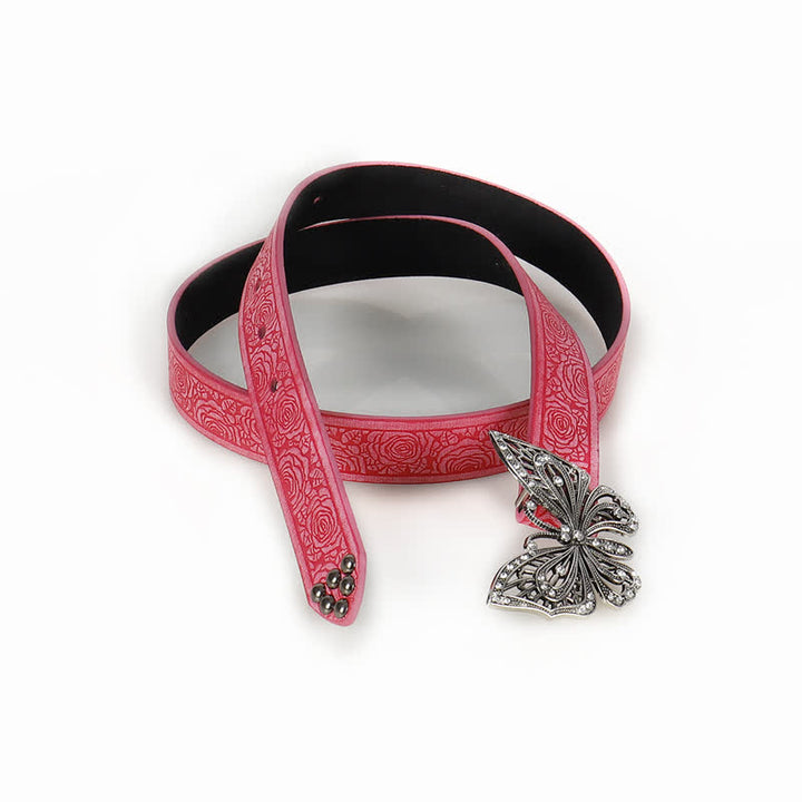 Women's Rose Embossed Rhinestone Butterfly Leather Belt