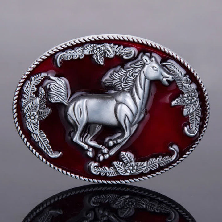 Men's DIY Red Enamel Running Horse Buckle Leather Belt