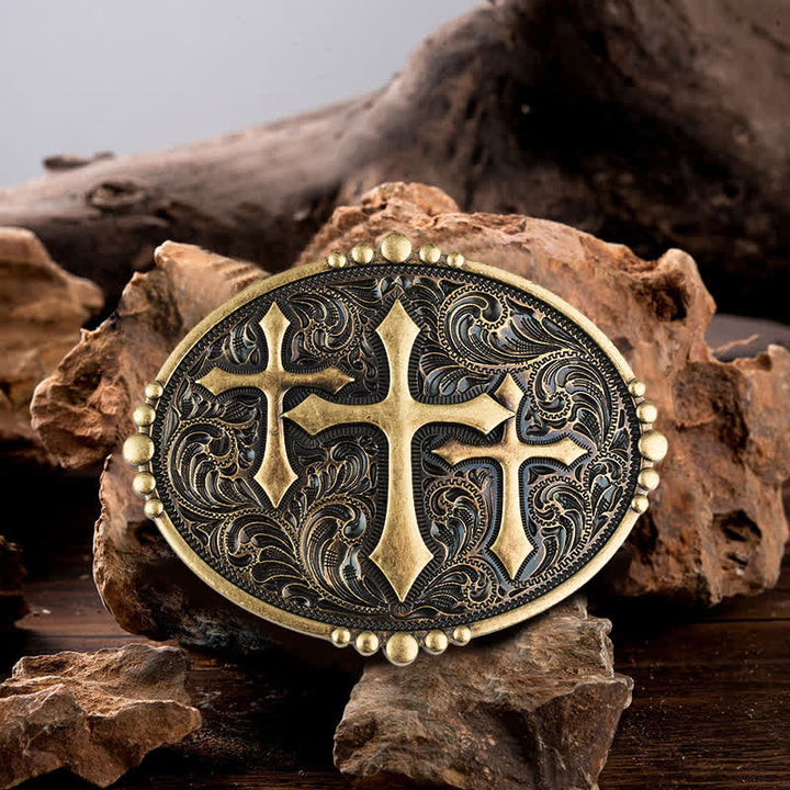 Men's DIY Three Crosses Attitude Buckle Leather Belt