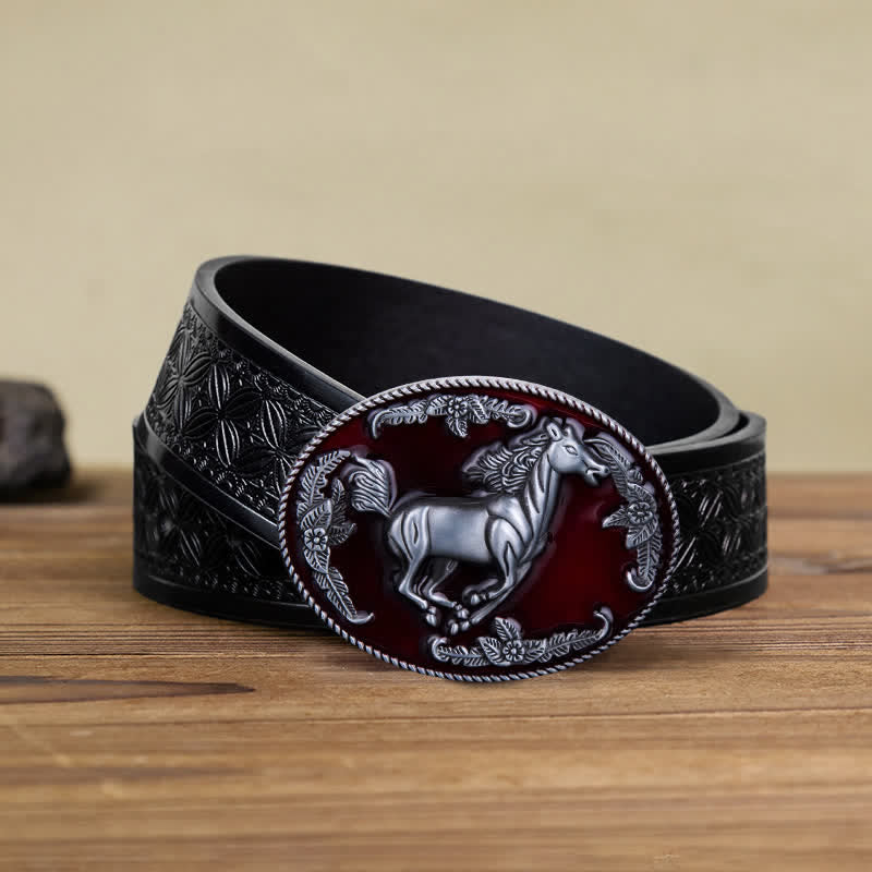 Men's DIY Red Enamel Running Horse Buckle Leather Belt