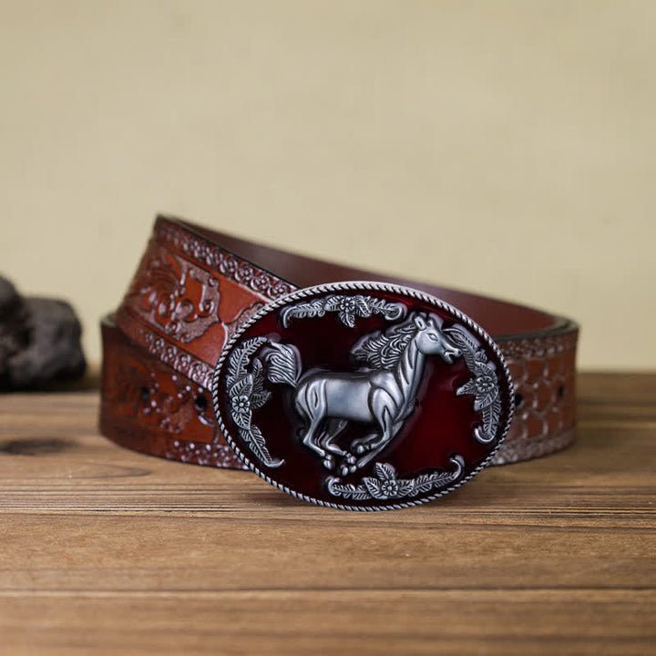 Men's DIY Red Enamel Running Horse Buckle Leather Belt