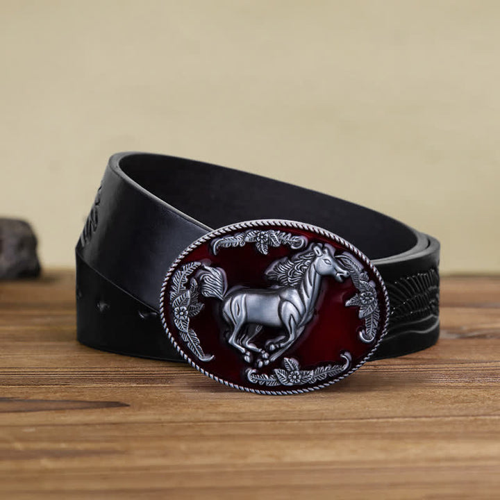 Men's DIY Red Enamel Running Horse Buckle Leather Belt