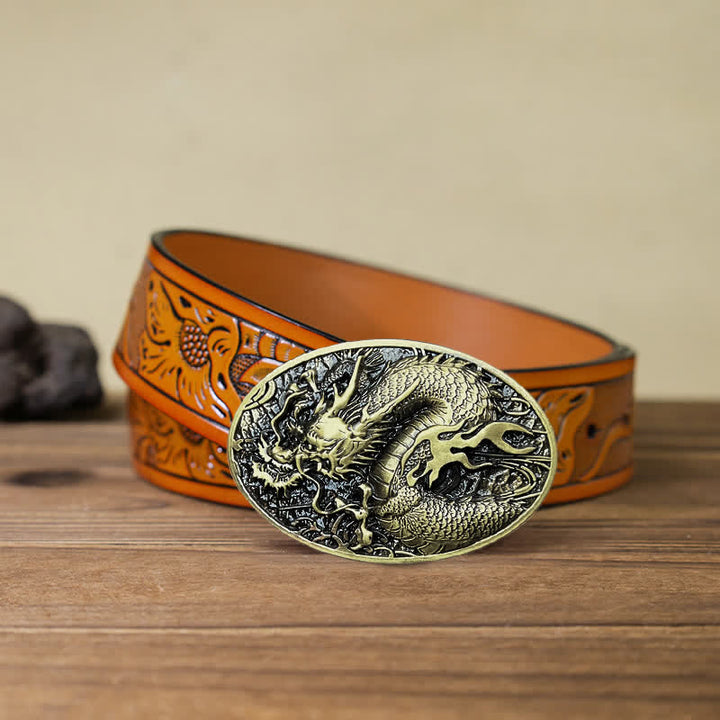 Men's DIY Large Fire Dragon Buckle Leather Belt