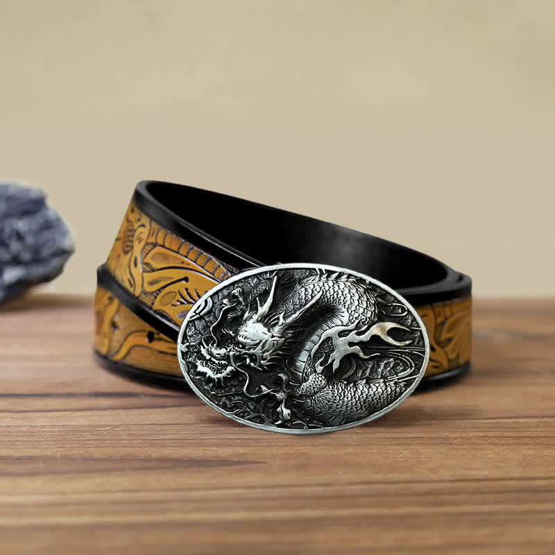 Men's DIY Large Fire Dragon Buckle Leather Belt