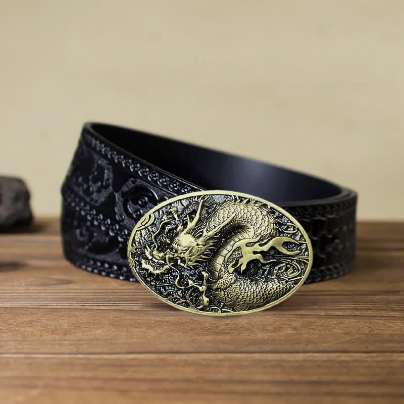 Men's DIY Large Fire Dragon Buckle Leather Belt