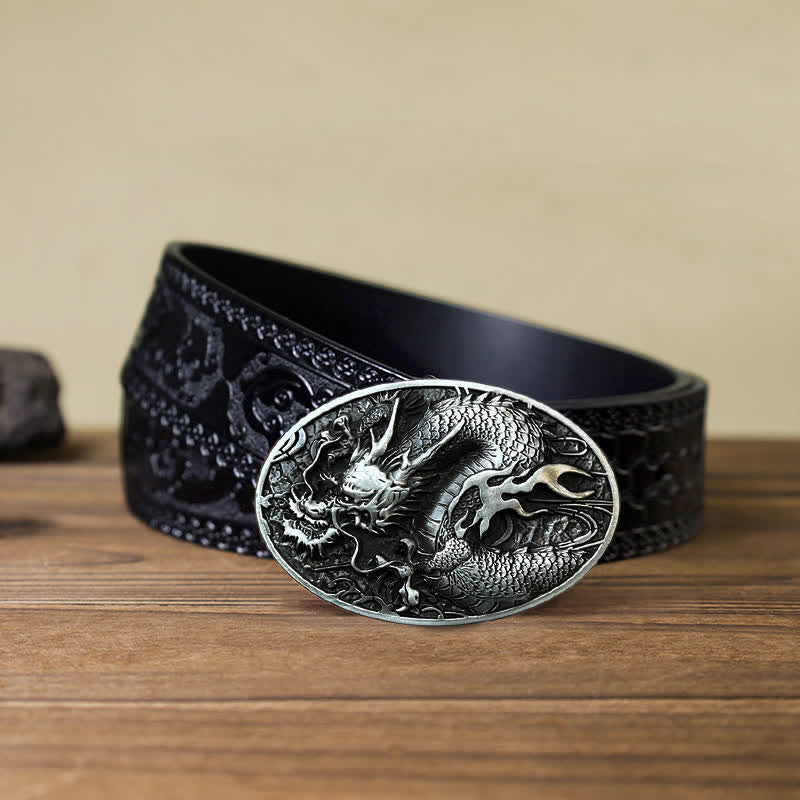 Men's DIY Large Fire Dragon Buckle Leather Belt