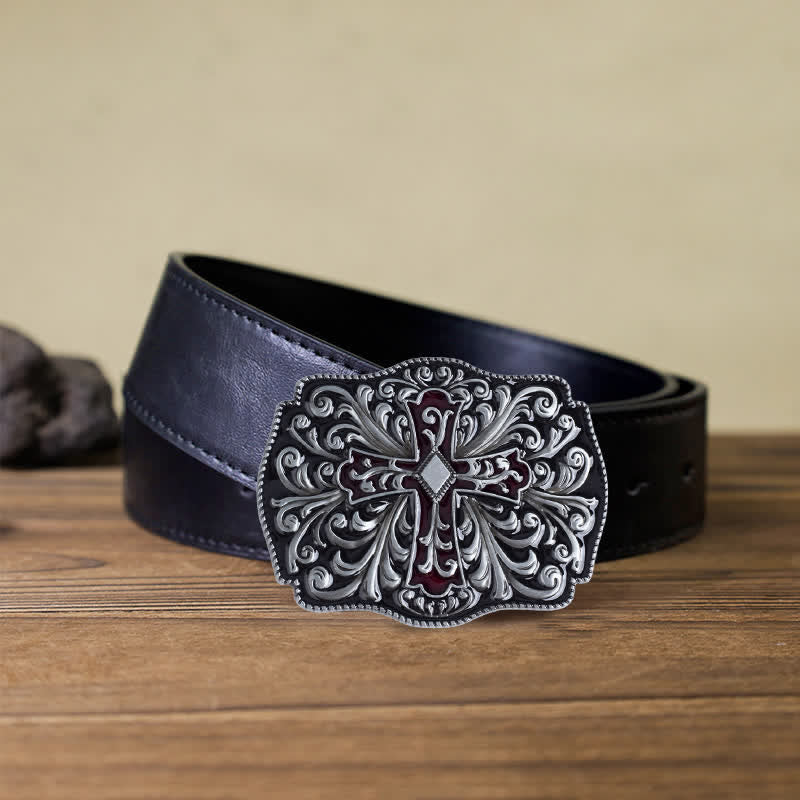 Men's DIY Red Enamel Cross Buckle Leather Belt