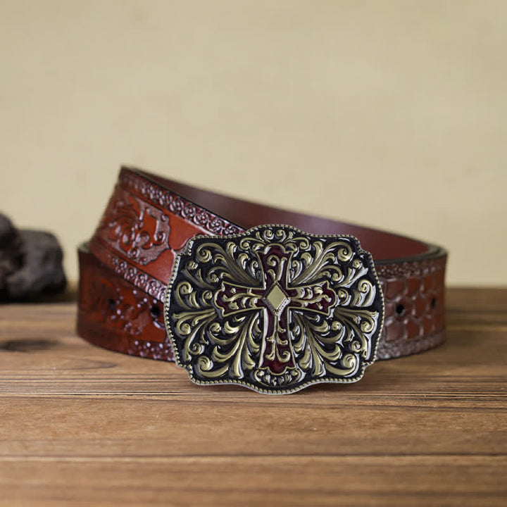 Men's DIY Red Enamel Cross Buckle Leather Belt