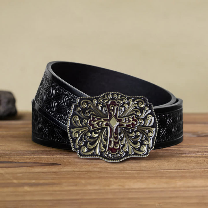 Men's DIY Red Enamel Cross Buckle Leather Belt