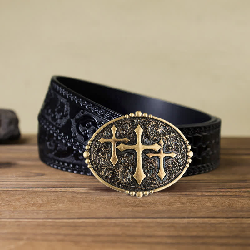 Men's DIY Three Crosses Attitude Buckle Leather Belt