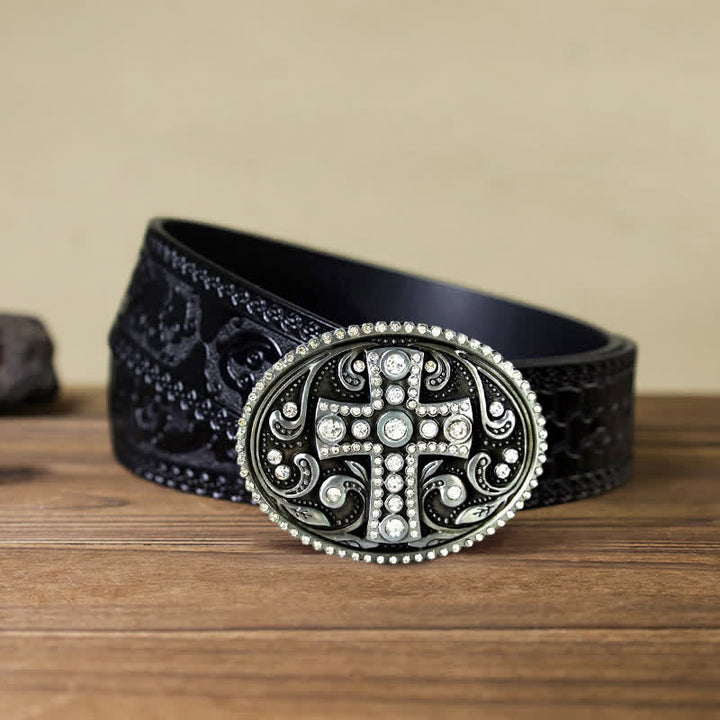 Men's DIY Crystal Rhinestone Cross Buckle Leather Belt