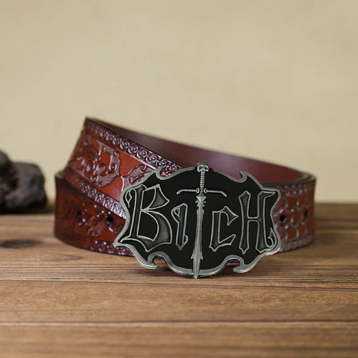 Men's DIY Skull Sword Black Enamel Buckle Leather Belt