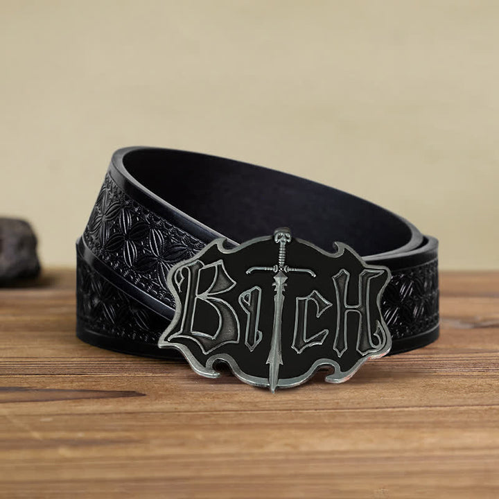 Men's DIY Skull Sword Black Enamel Buckle Leather Belt