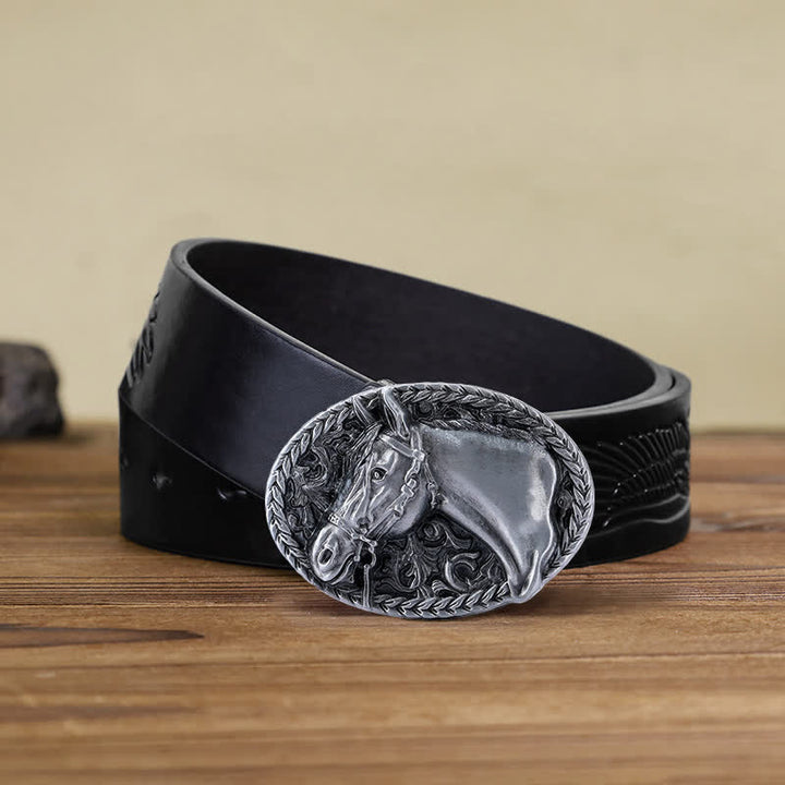 Men's DIY Engraved Horse Head Buckle Leather Belt