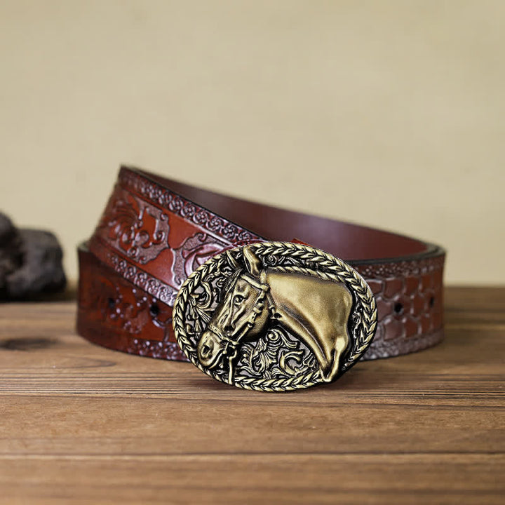 Men's DIY Engraved Horse Head Buckle Leather Belt