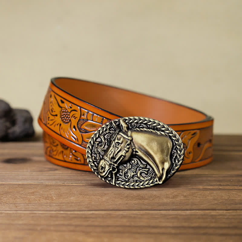 Men's DIY Engraved Horse Head Buckle Leather Belt