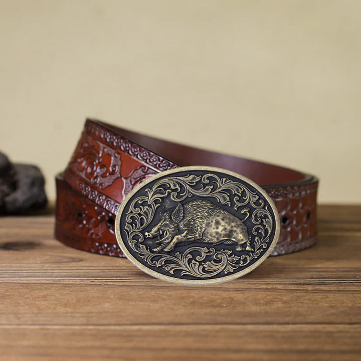 Men's DIY Novelty Wild Boar Buckle Leather Belt