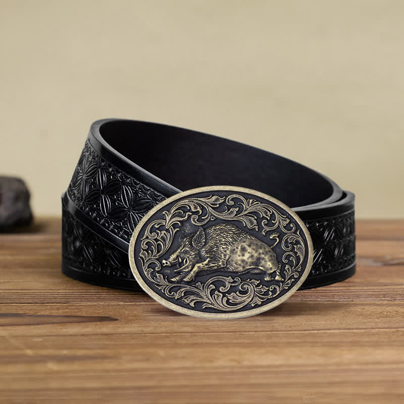 Men's DIY Novelty Wild Boar Buckle Leather Belt