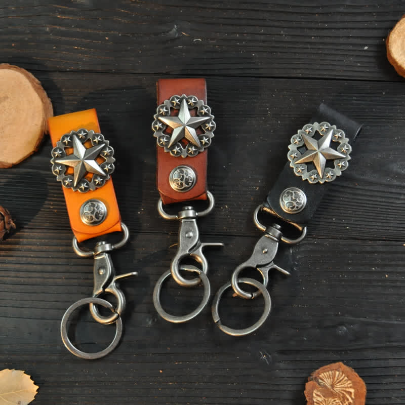 Lone Star Badge Cowhide Leather Keychain - image 0