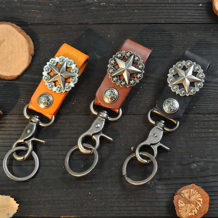 Lone Star Badge Cowhide Leather Keychain