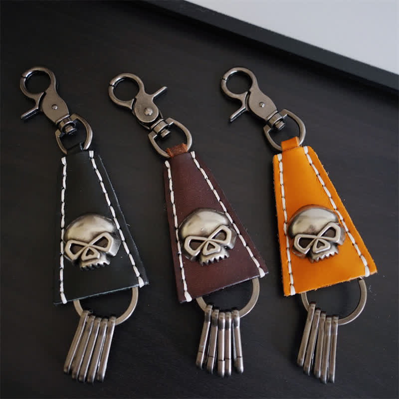 Punk Skull Head Handmade Leather Keychain