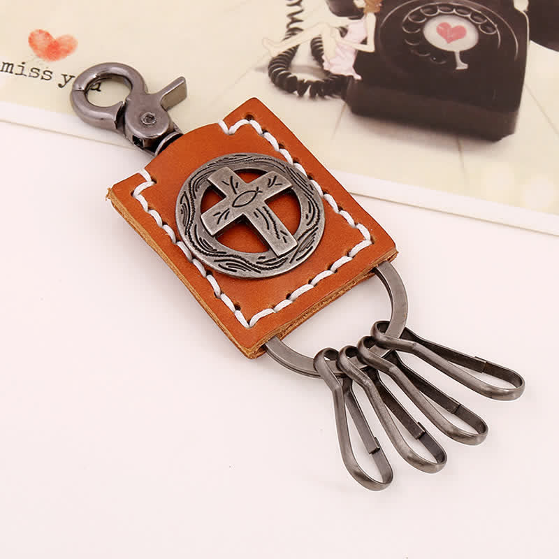 Faithful Cross Ornament Handmade Leather Keychain