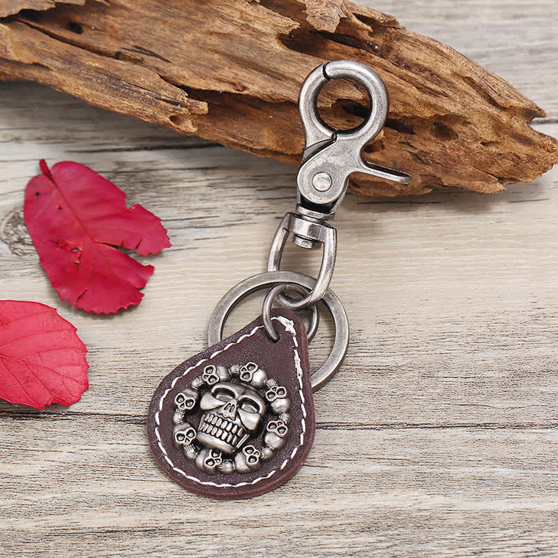 Skeleton Head Punk Pendant Leather Keychain - Dark Brown - image 2