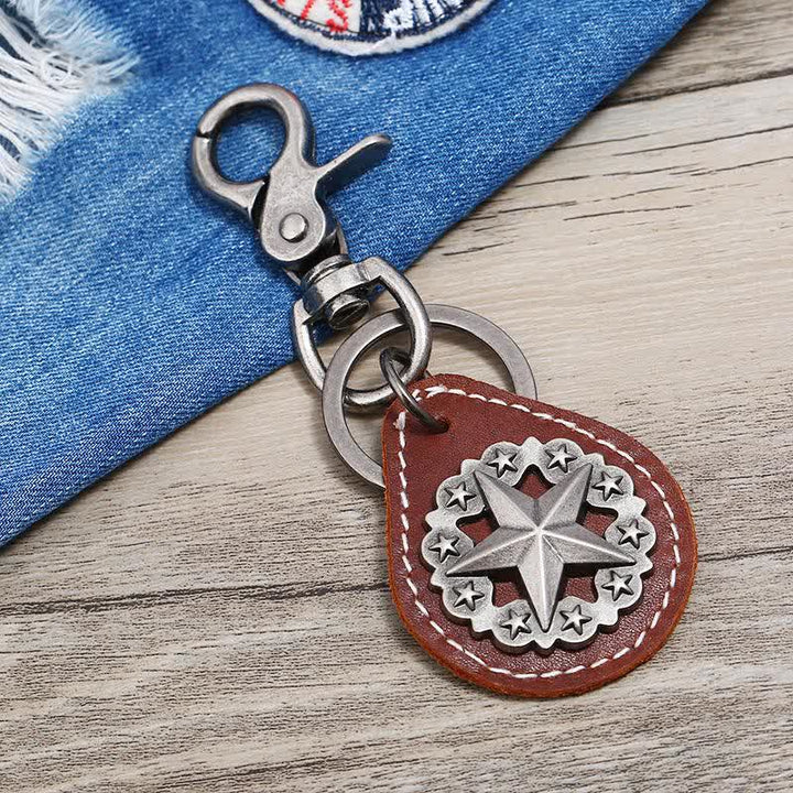 Lone Star Medallion Pendant Leather Keychain