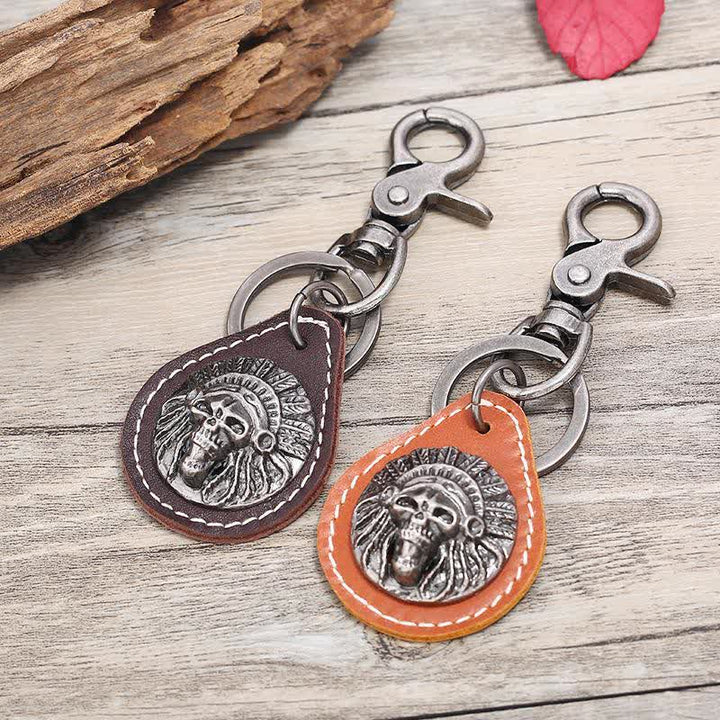 Indian Skull Charm Pendant Leather Keychain