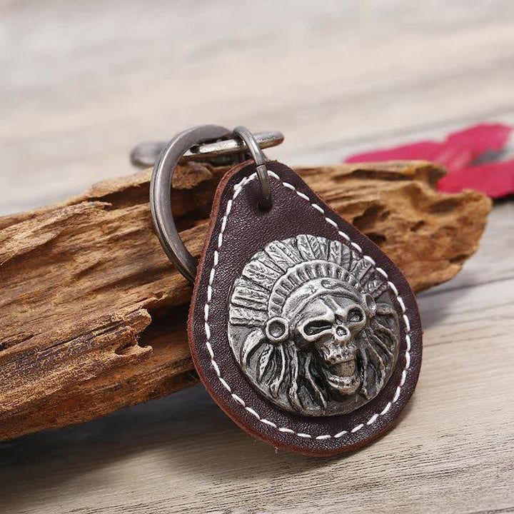 Indian Skull Charm Pendant Leather Keychain