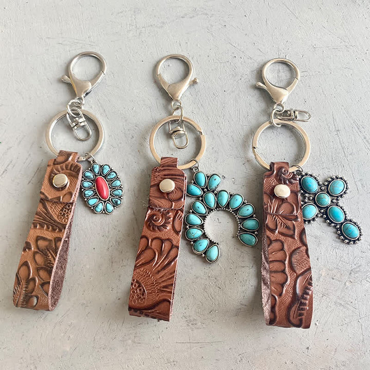 Bohemia Emboss Turquoise Pendant Leather Keychain