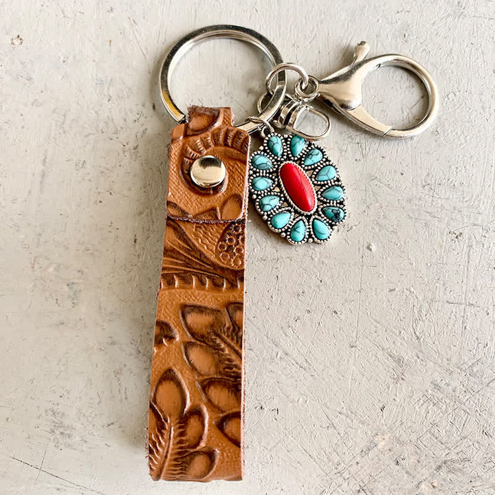 Bohemia Emboss Turquoise Pendant Leather Keychain