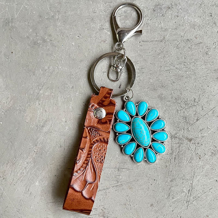 Bohemia Emboss Turquoise Pendant Leather Keychain