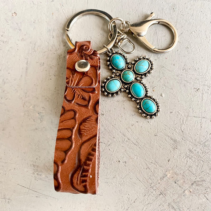 Bohemia Emboss Turquoise Pendant Leather Keychain - Style #3 - image 3