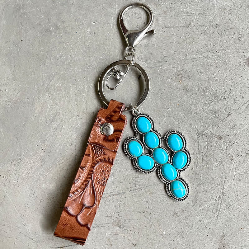 Bohemia Emboss Turquoise Pendant Leather Keychain