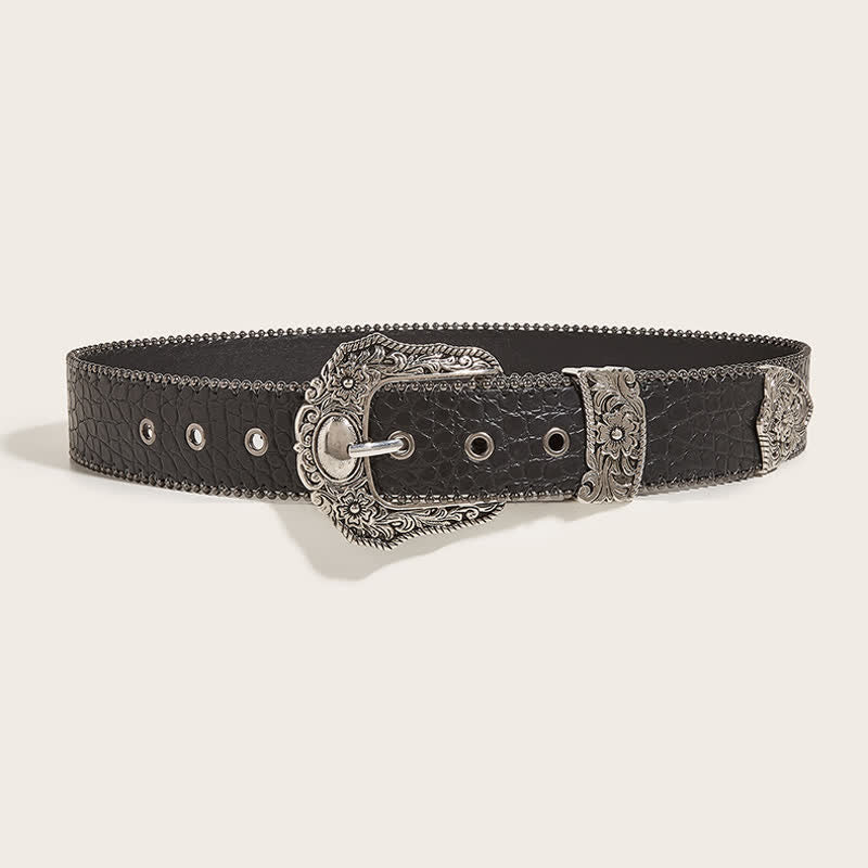 Women's Macrame Edge Crocodile Print Leather Belt