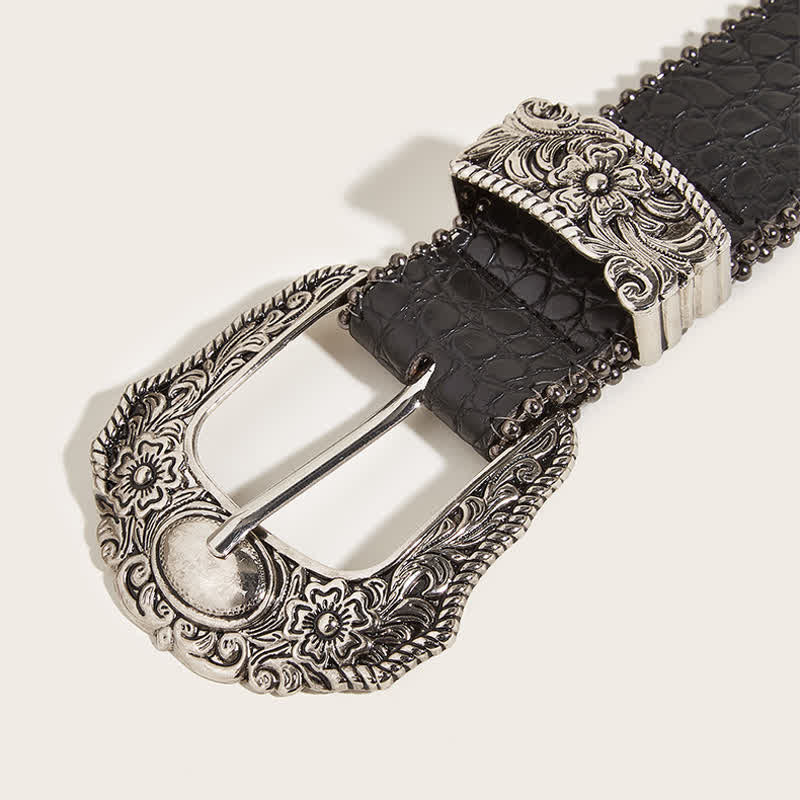 Women's Macrame Edge Crocodile Print Leather Belt