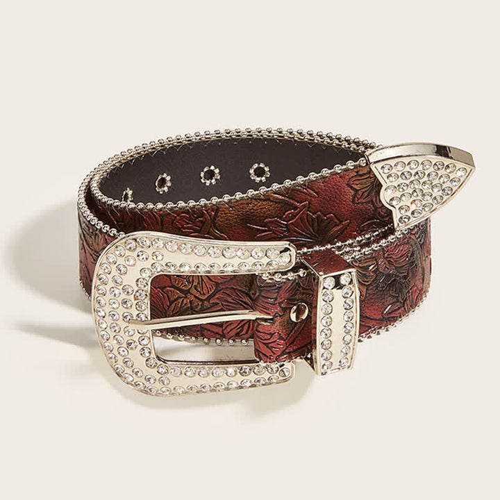 Women's Brown Floral Embossed Rhinestone Leather Belt