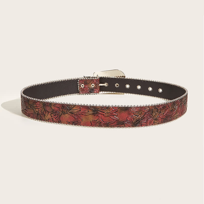 Women's Brown Floral Embossed Rhinestone Leather Belt