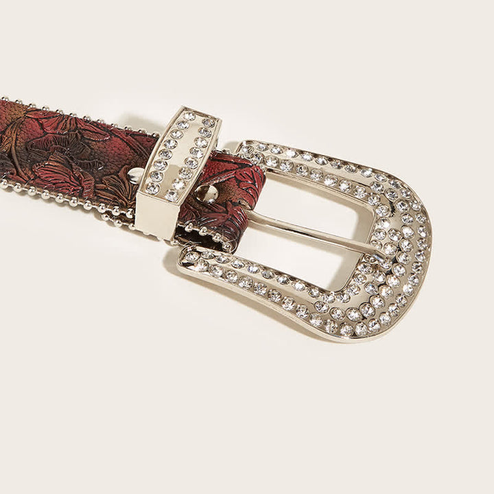 Women's Brown Floral Embossed Rhinestone Leather Belt