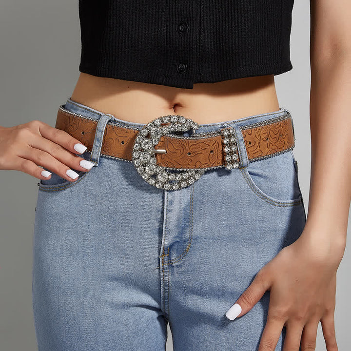 Women's Round Rhinestone Buckle Bead Edge Leather Belt