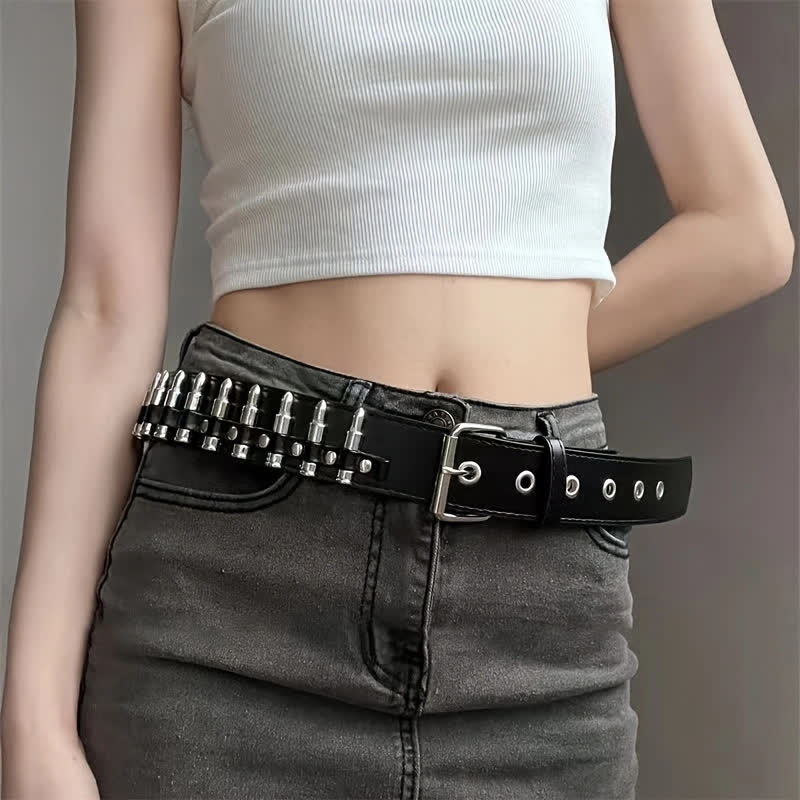 Black Punk Rock Bullets Rivet Studded Leather Belt