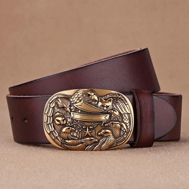 Men's Carved Flock of Eagles Head Buckle Leather Belt