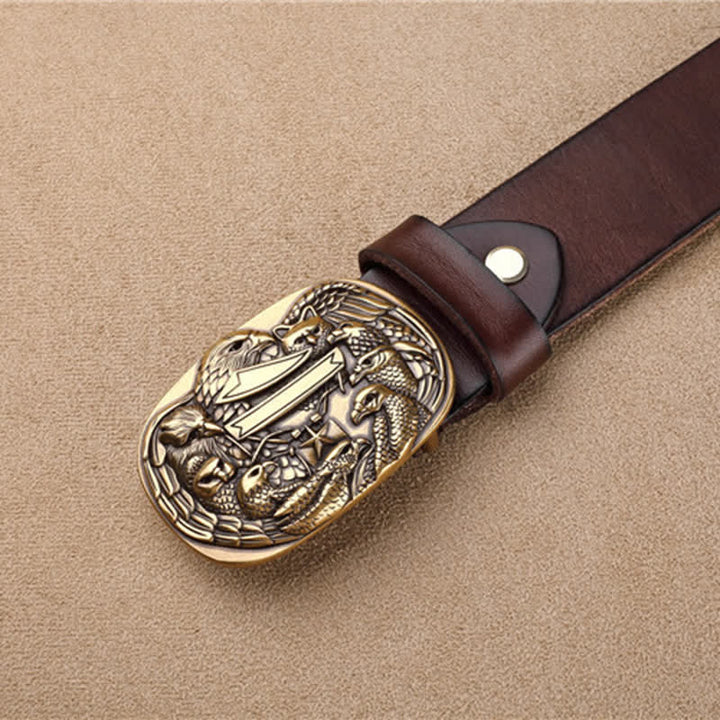 Men's Carved Flock of Eagles Head Buckle Leather Belt