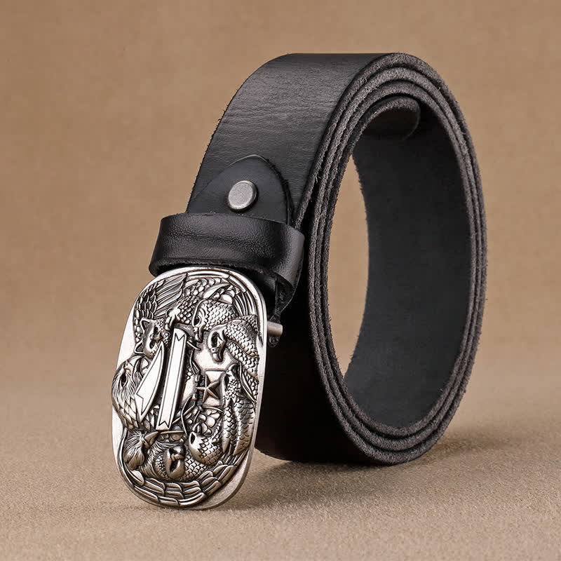 Men's Carved Flock of Eagles Head Buckle Leather Belt