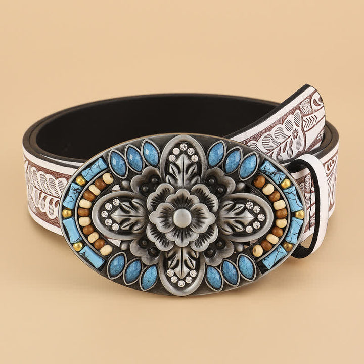 Women's Turquoise Stone Boho Floral Leather Belt