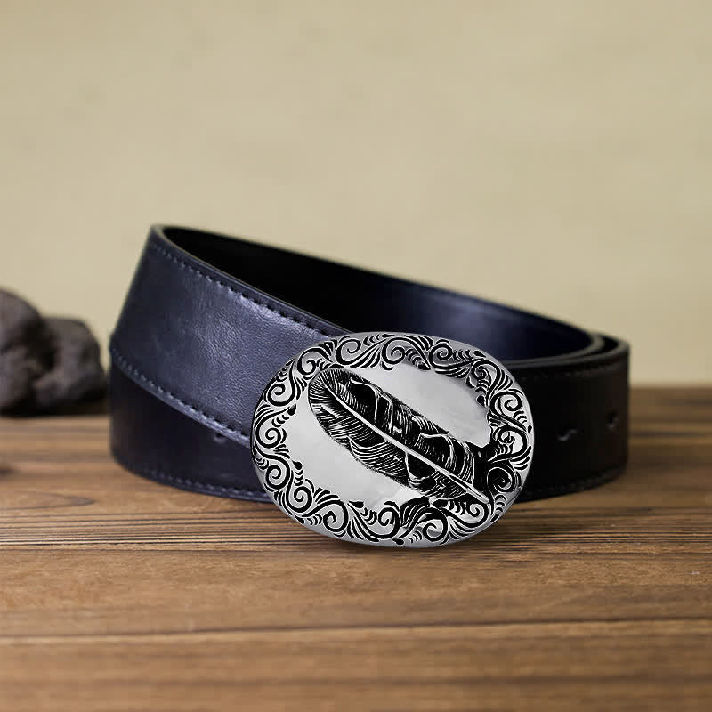 Men's DIY Charming Carved Feather Buckle Leather Belt